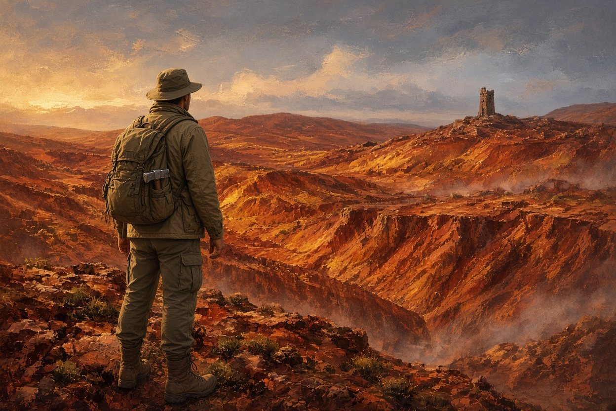 A geologist in a field jacket and bush hat, seen from behind, looks out over the red, scarred slopes of a copper mountain at sunset, with a stone tower on the skyline.